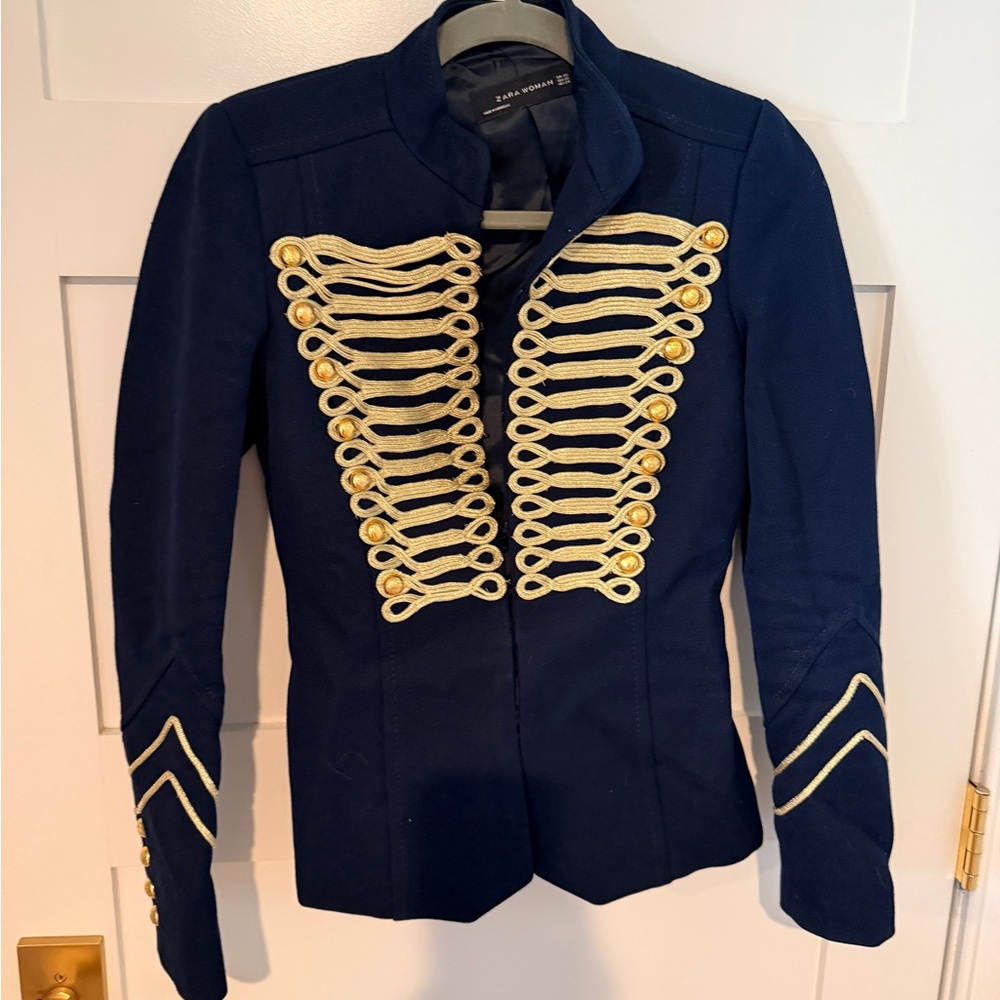 Zara XS Vintage Navy Military-Style Jacket with Gold Braid